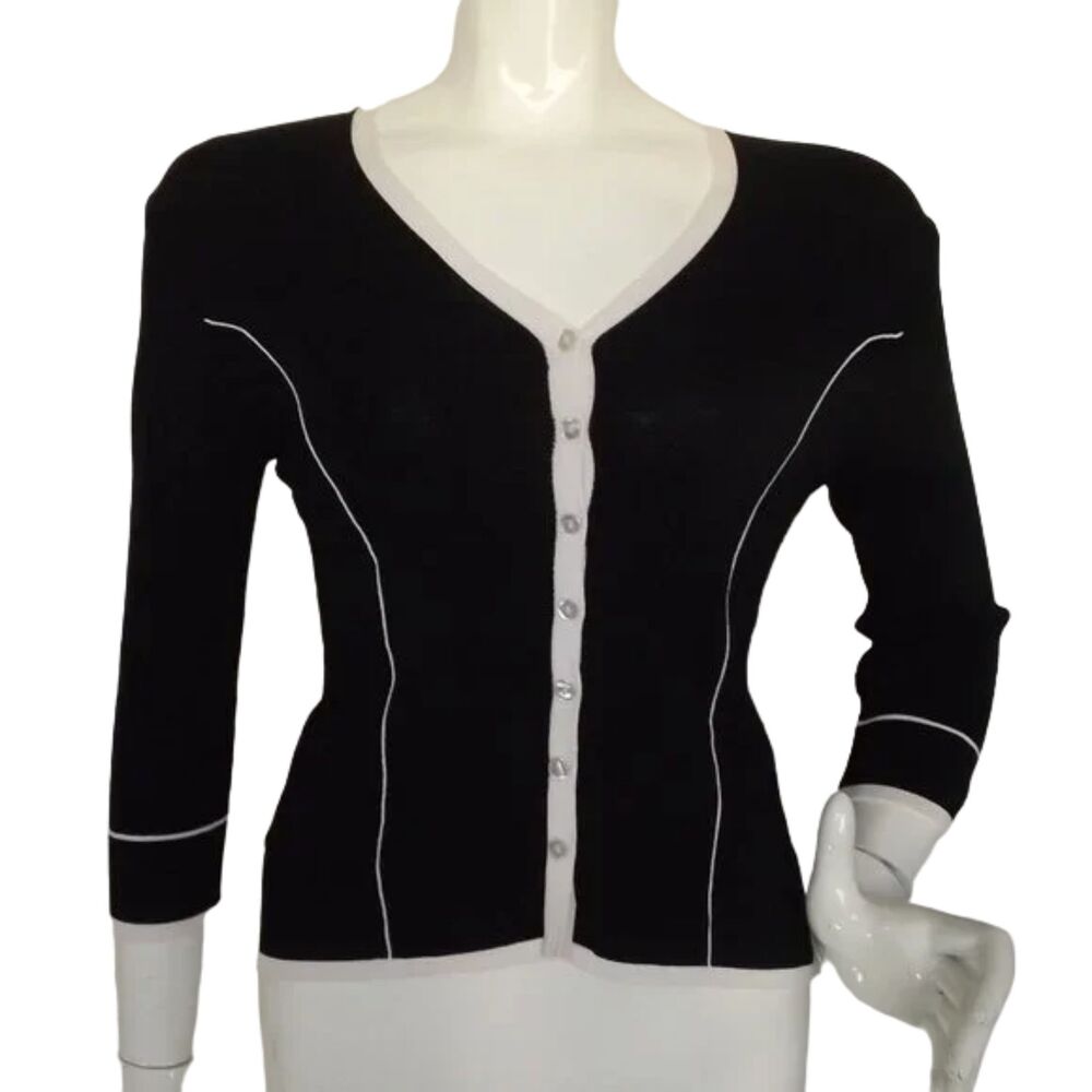 PAPELL STUDIO Sweater, M, Black/White trim, Cardigan/Buttons, 3/4 sleeves